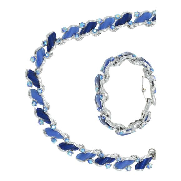 Vintage 1960s Silvertone Blue Thermoset Necklace Bracelet Set - Picture 3 of 11
